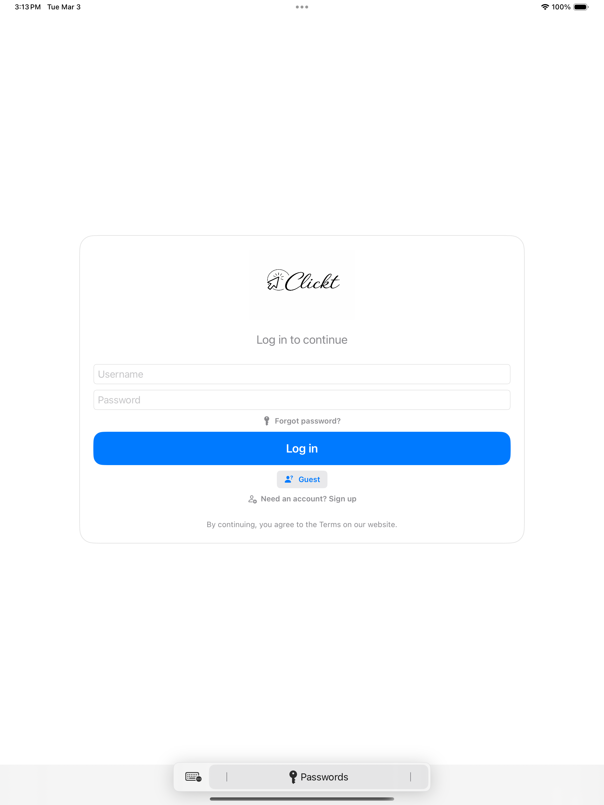 Signing in to Clickt 1